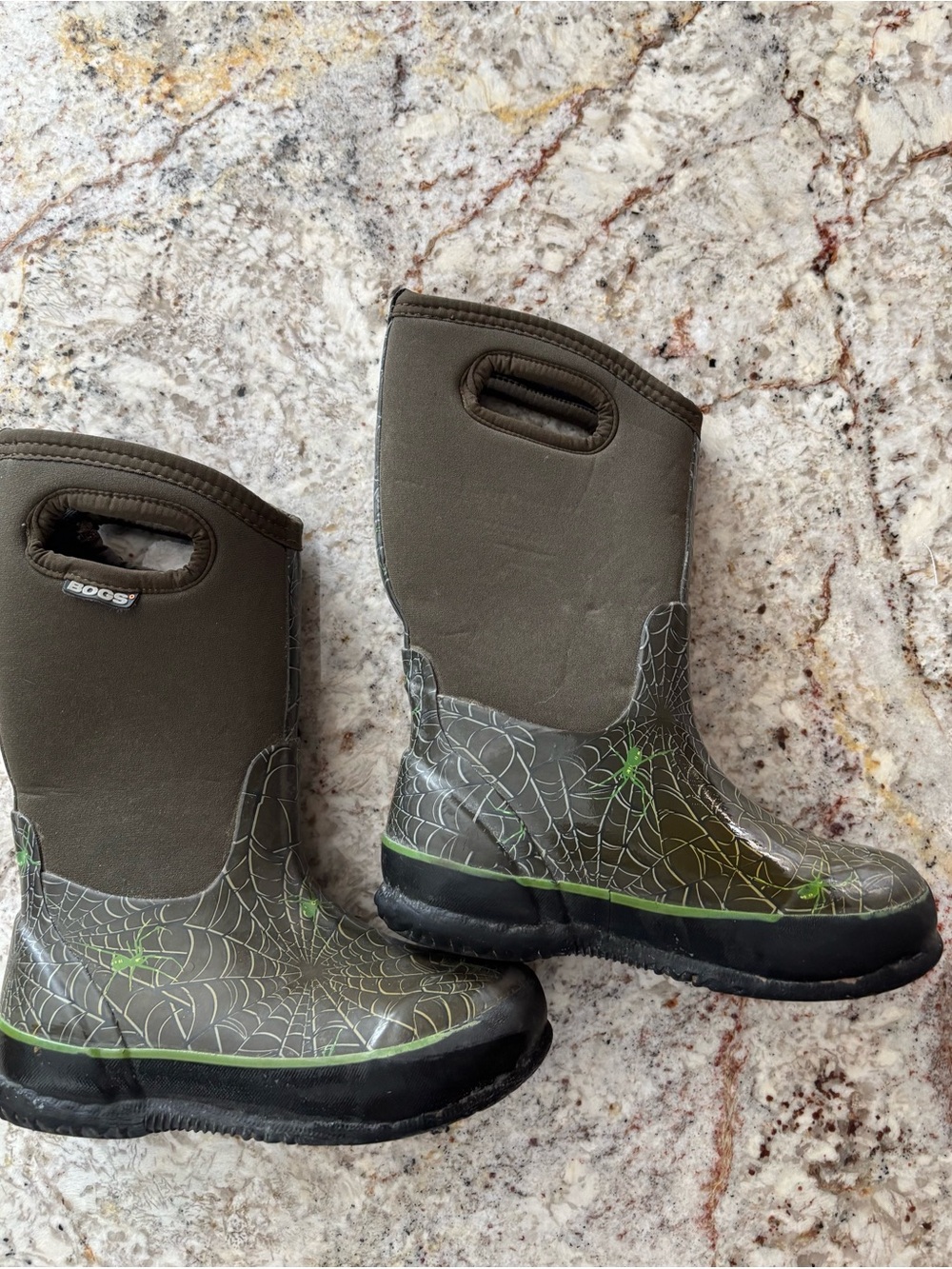 Bogs Kids Olive Green Spiderweb Rain Boots with Lime Accents